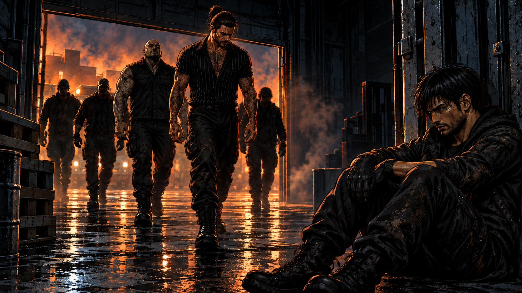 The dock doors blown open from outside, ember light pouring in, the crew coming through the smoke in a line.