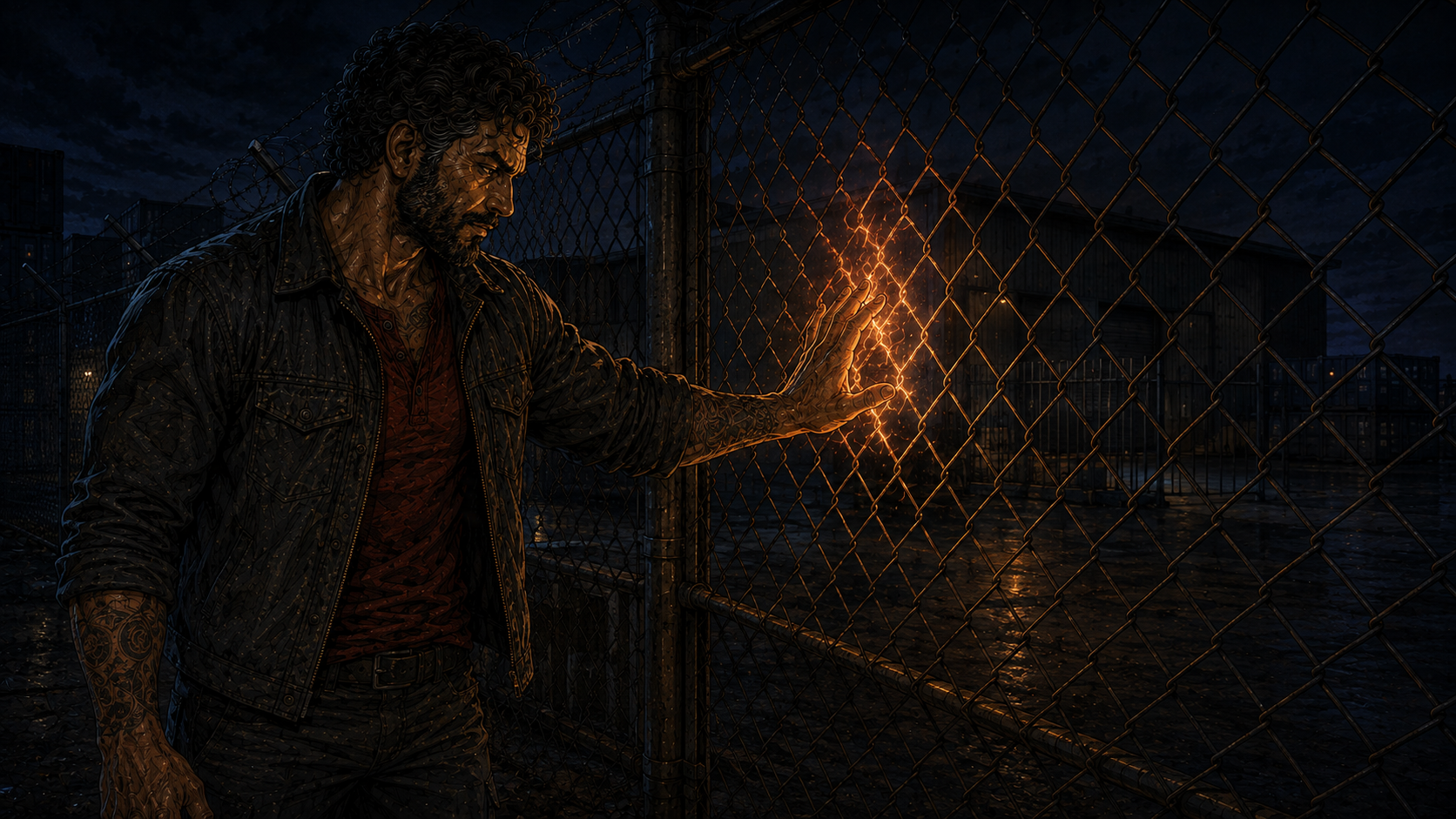 Night. An empty fictional storage yard belonging to the Keepers. Spark stands at the fence line with one hand on the chain link.