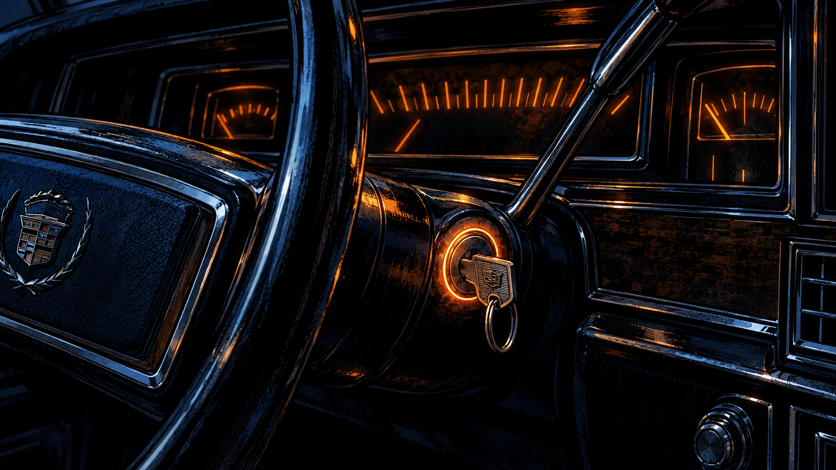 Close on the ignition: an ordinary key ringed in a thin band of live orange, the dash gauges glowing the same color.