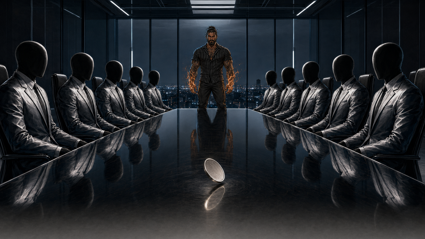 A high glass boardroom at night. Eleven silhouettes in silver suits sit around a black table. A blank coin spins slowly at the center.