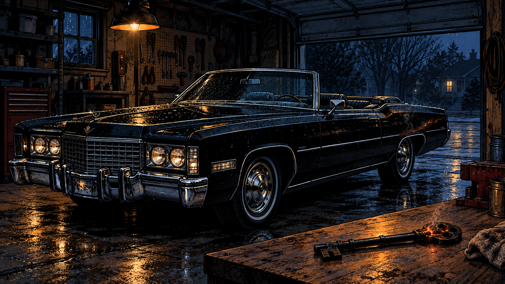 Back home. The Eldorado ticking as it cools, hood beaded with rain, the key on the workbench going slowly dark.