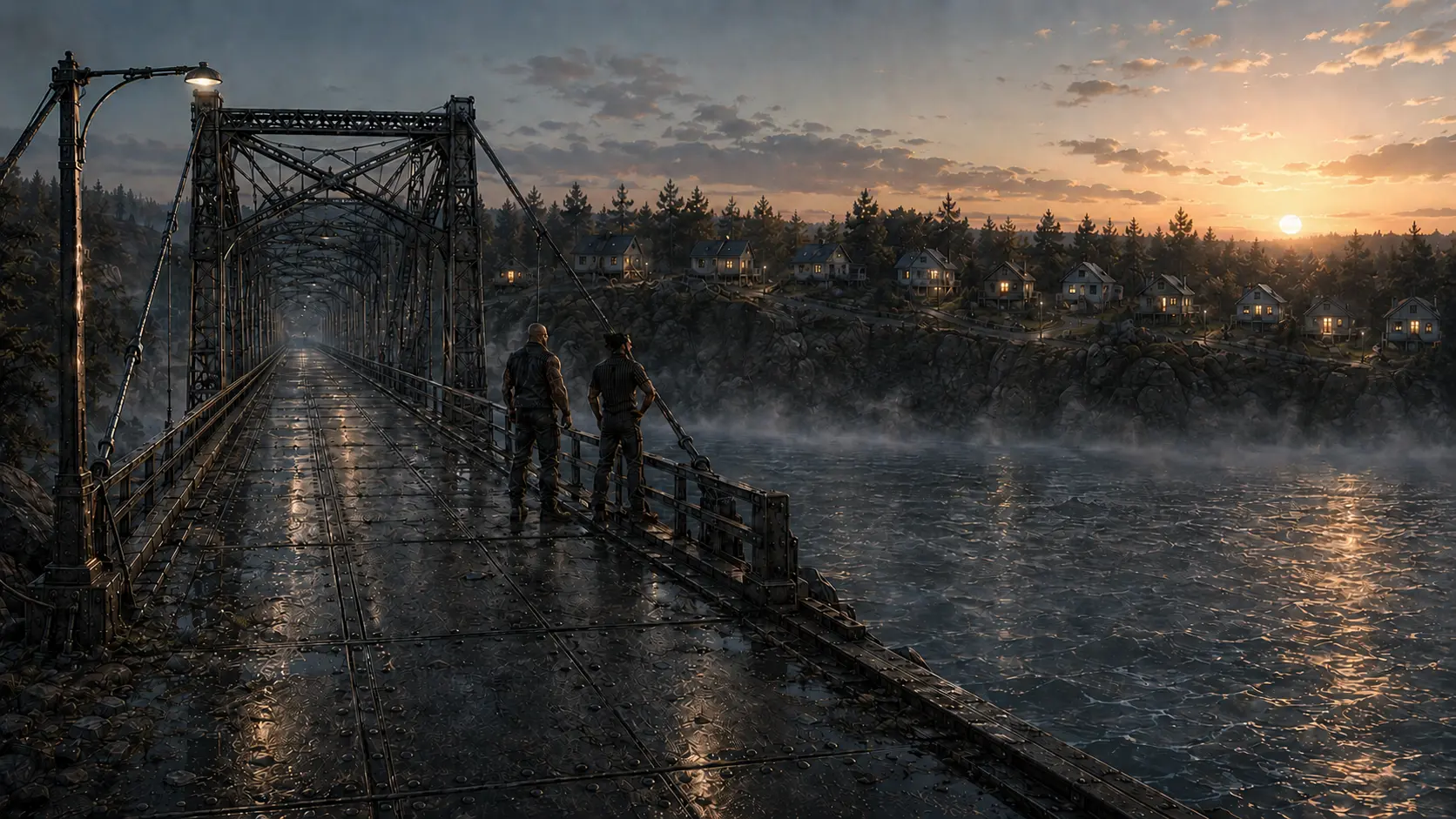 Sunrise. Eleven houses across the water with their kitchen lights coming on. The bridge intact, scorched, and still standing.
