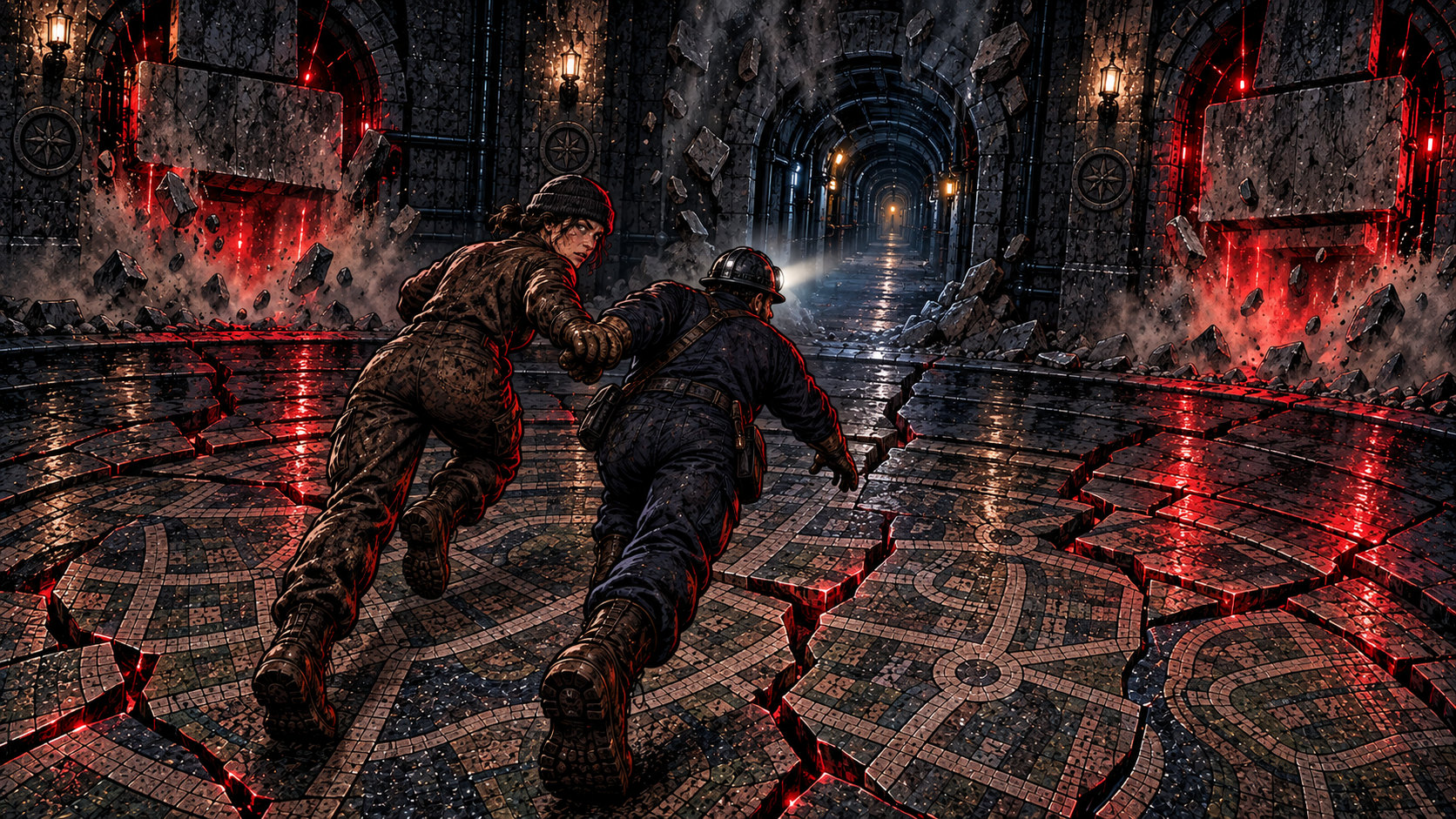 The mosaic reroutes: two corridors close, a third opens toward the residential blocks. Dust falls from the ceiling.