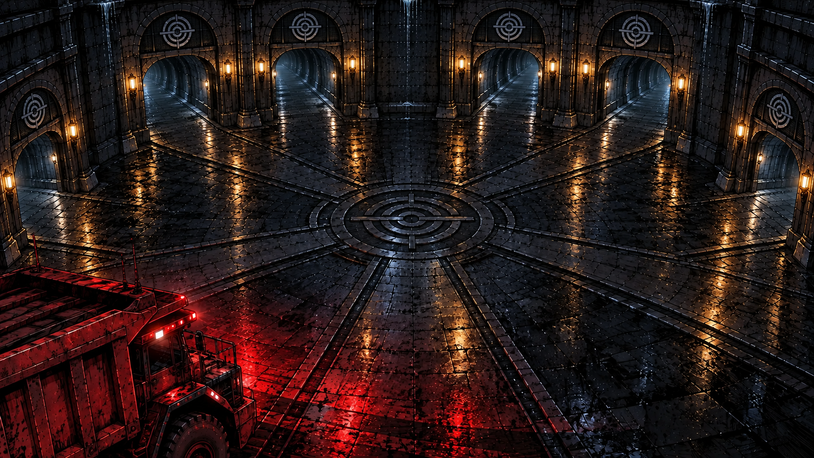 Six finished stone corridors meeting at a circular chamber, each mouth stamped with the locked-vault emblem.