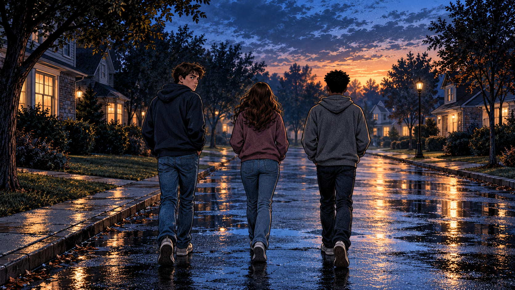 Dawn. Three teenagers walking a residential street, one of them looking back over a shoulder at nothing.