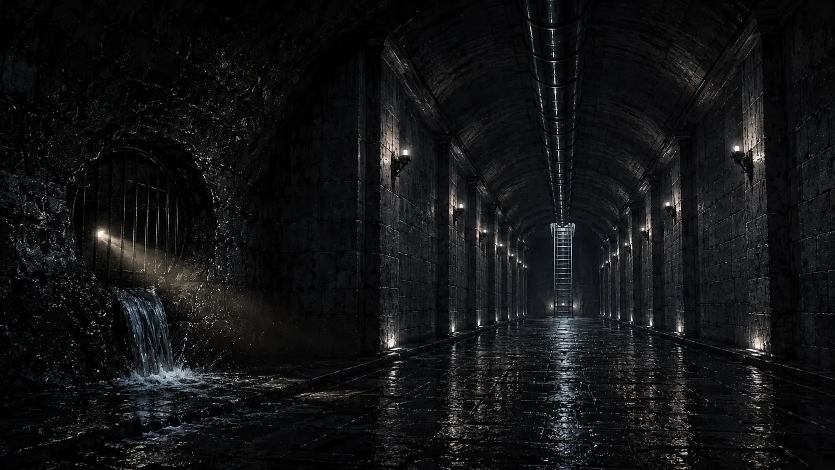 The drain opens into a dressed-stone corridor far too finished to be municipal, with fresh conduit running its ceiling.