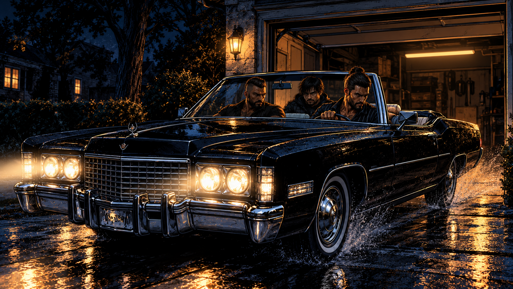The Eldorado backing out fast, top down, three men in it, headlights swinging across the garage.