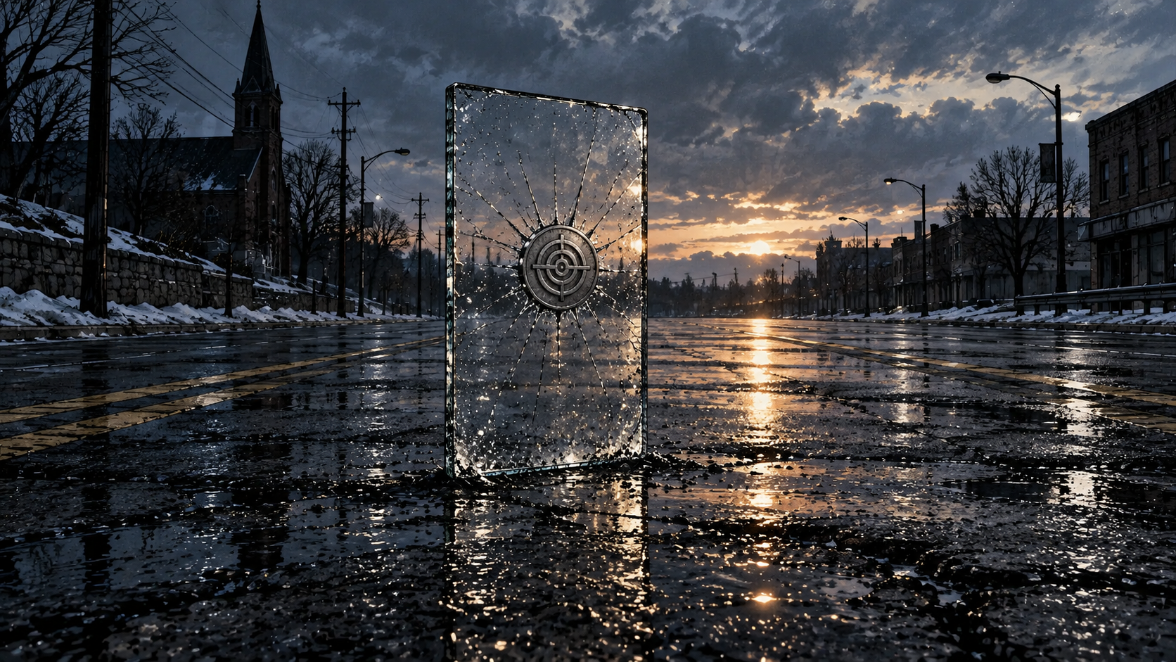 Dawn on the empty boulevard. One intact pane still standing upright, a silver coin fused inside it.
