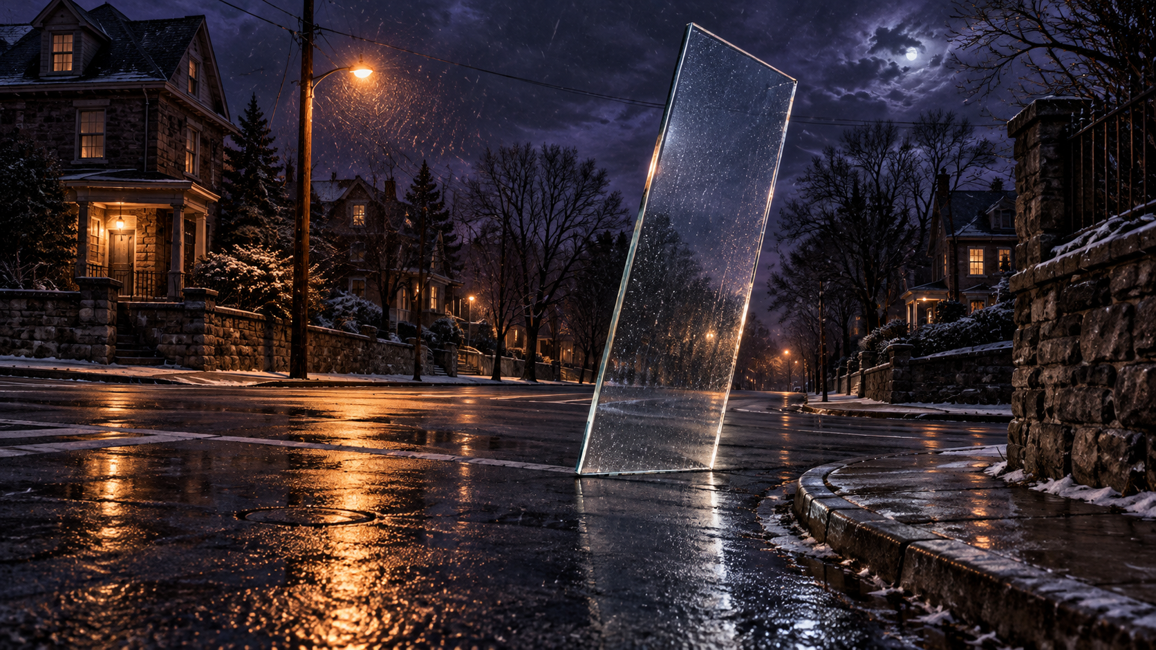 A sheet of clear glass lands flat in the middle of an empty intersection and does not shatter.
