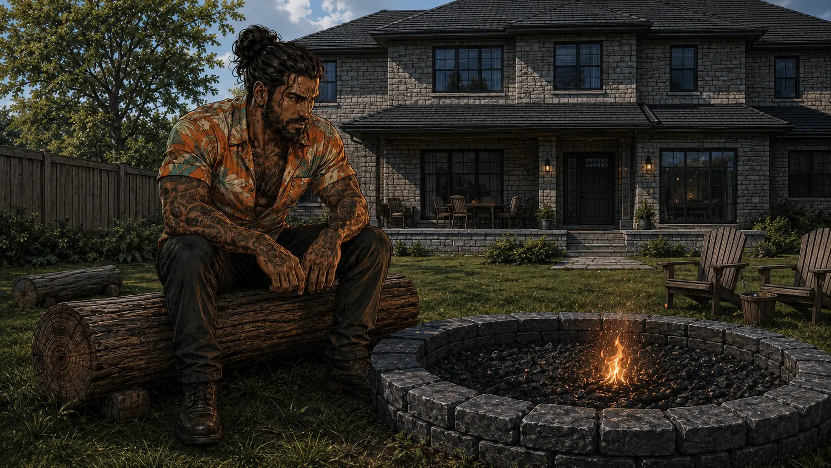 Nick lowers himself onto the log bench in a bright cabana shirt, work boots, forearms on his knees, face lit from below.