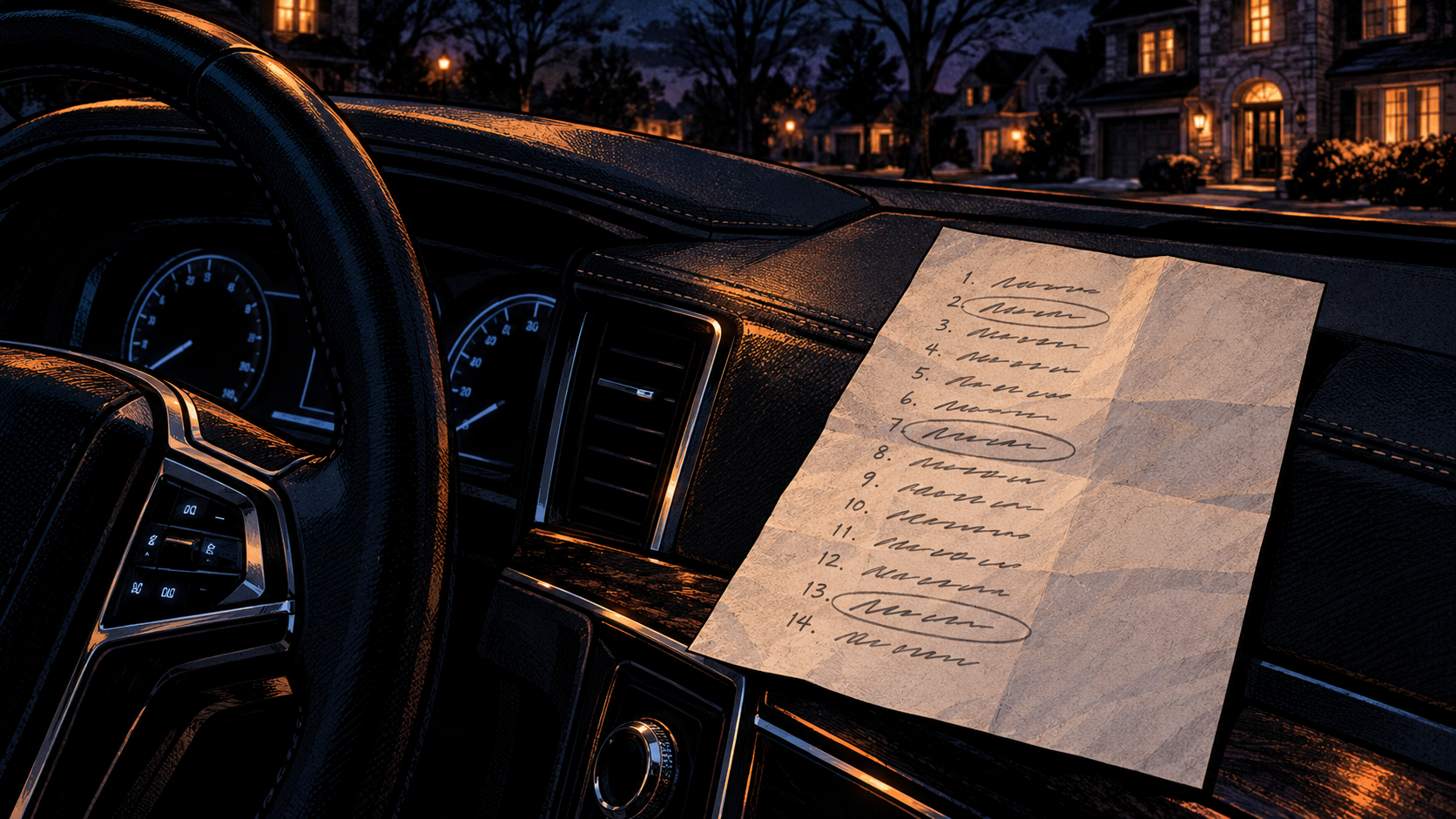 A folded piece of paper on the dash with fourteen addresses written in pencil, three of them circled.