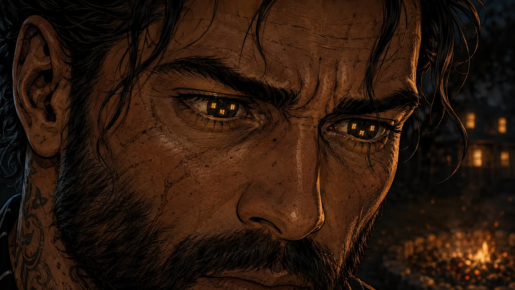 Close on the flame reflected in Nick's eyes. The reflection is not a fire — it is six small windows, lit.