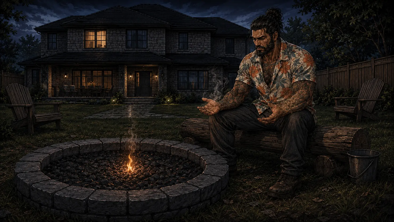The flame drops back down to a single steady tongue of orange. Nick sits back, hands open on his knees, steam rising off his forearms.