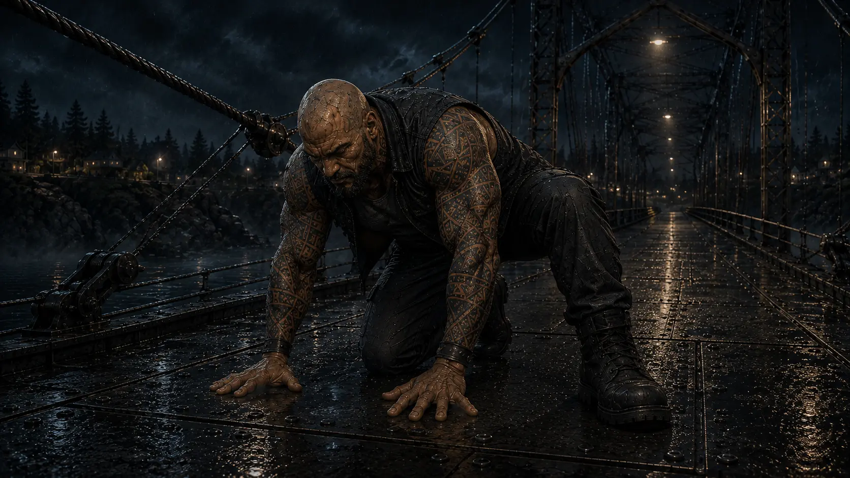 Cables tension across the span. The deck groans. Vance drops to one knee, both hands flat on the steel, holding.