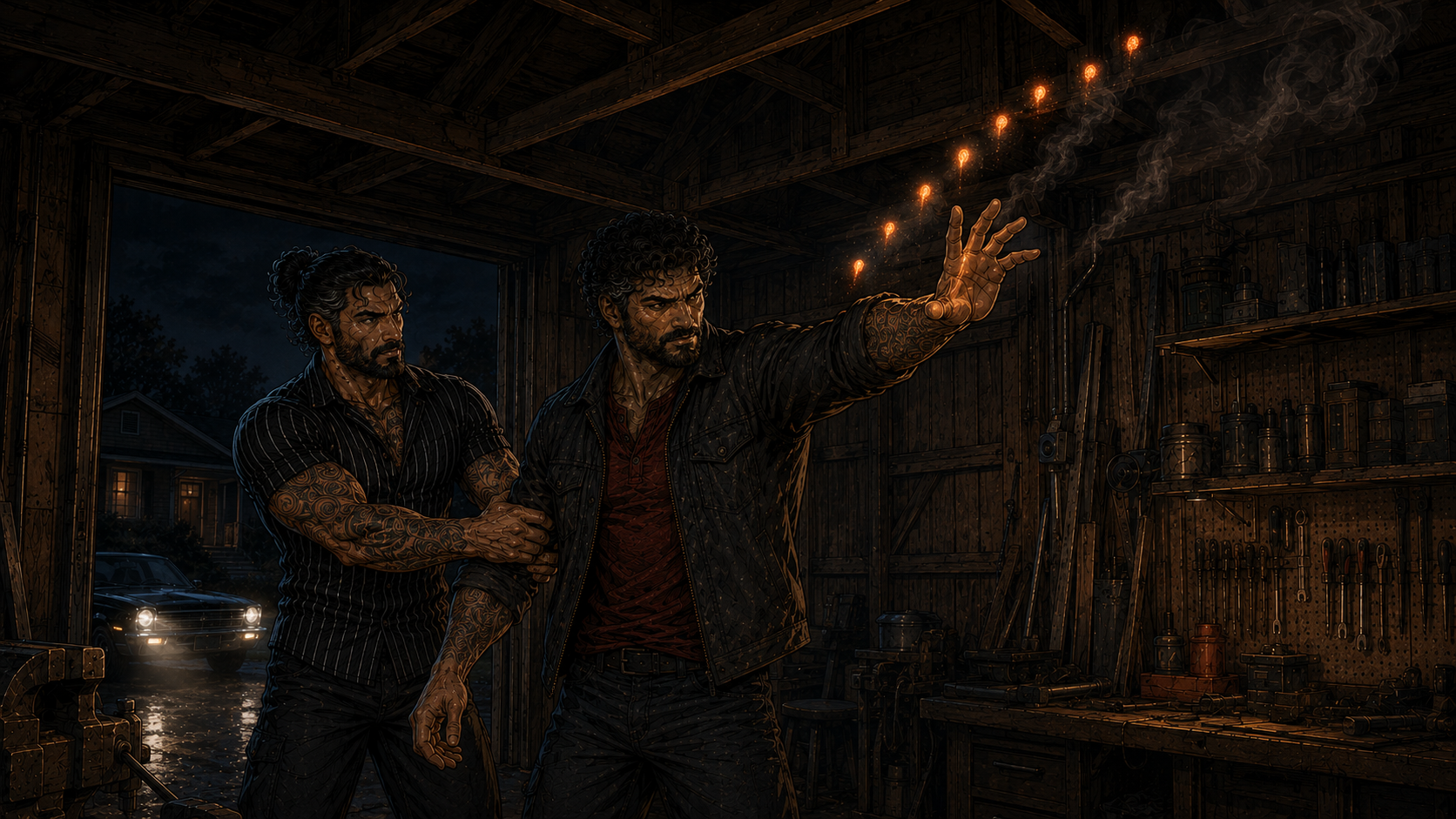 The nine lights slip Spark's control and race up the rafters. Nick's hand closes over his brother's wrist and the whole thing goes dark at once.
