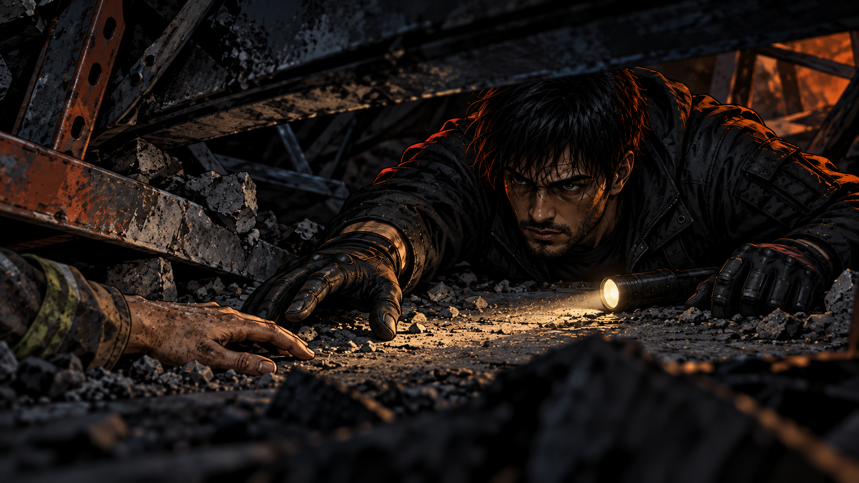 A hand in the dust. Boochi flat on his stomach, reaching, cheek against the floor.