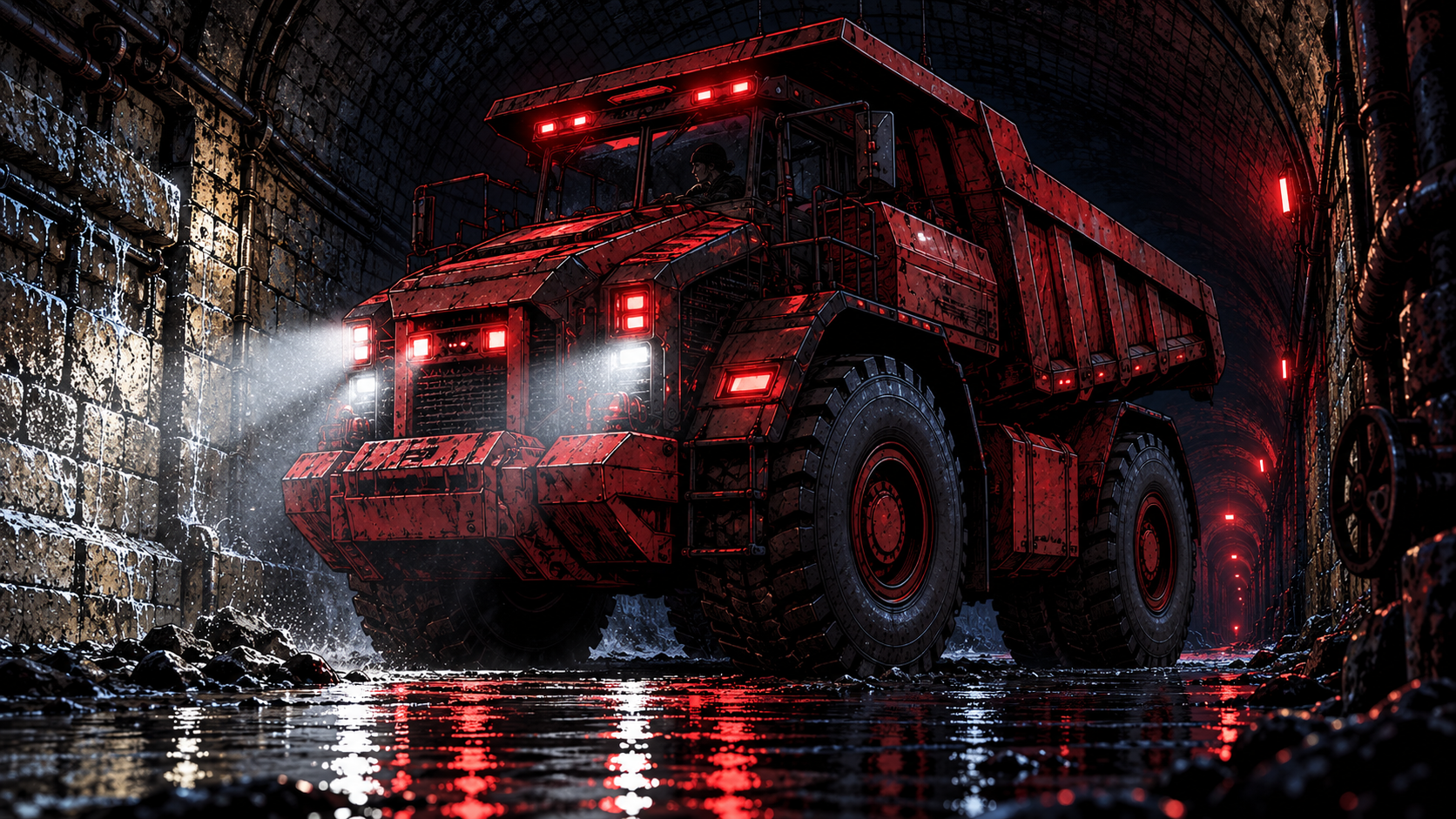 The Red Devil in truck form, filling a service tunnel wall to wall, floodlights washing the brick in red.