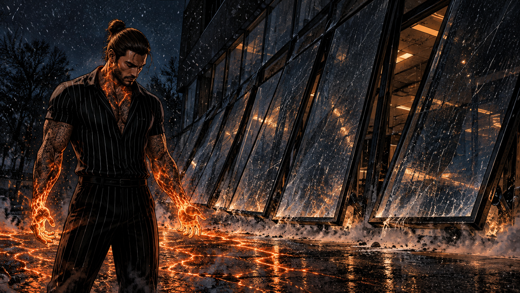 Nick steps out into the storm, both hands open, heat blooming off him and rolling under the wall.