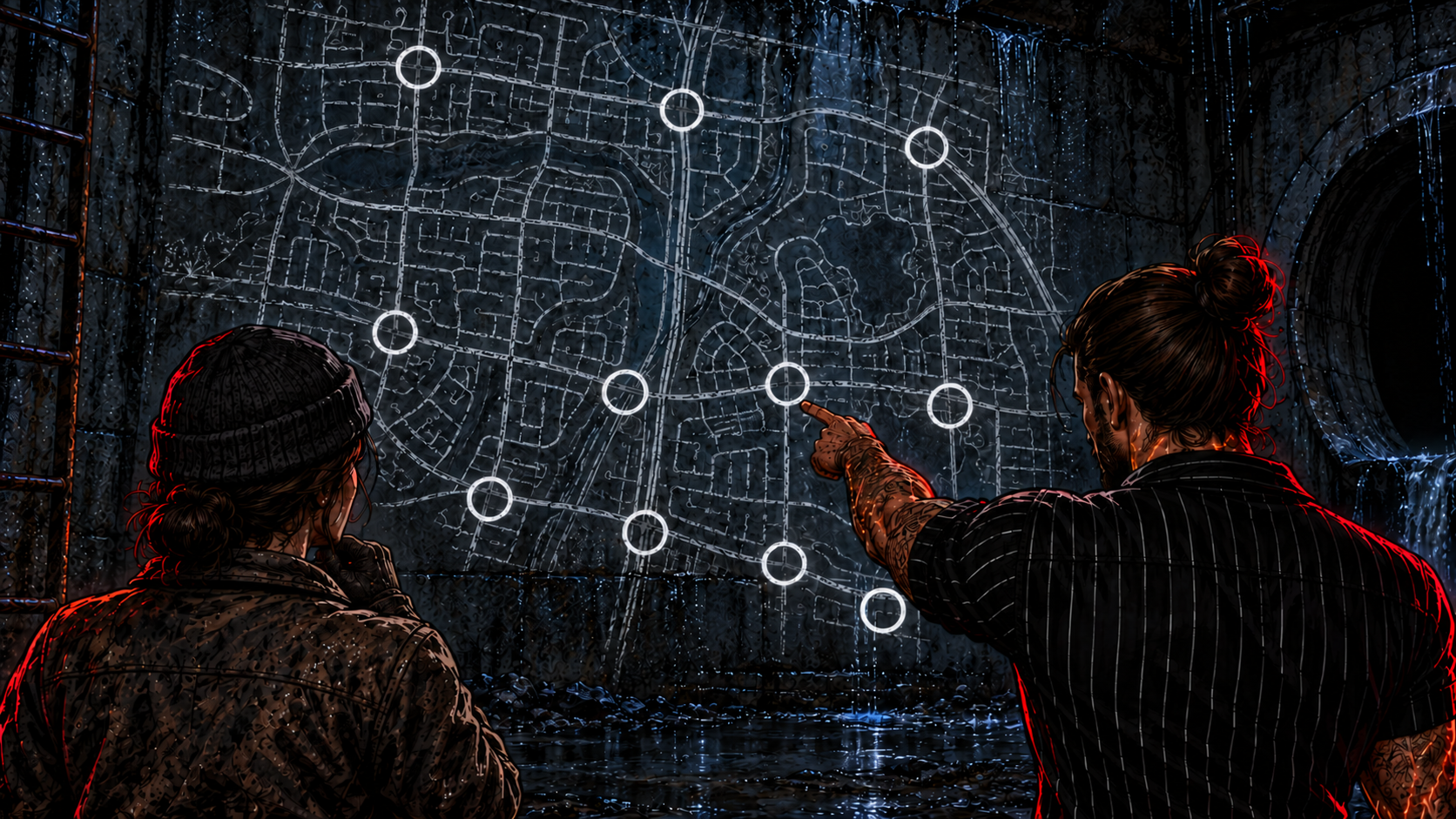 Shh and Nick over a large illuminated underground map, its marks resolving into a recognizable street grid with eleven junctions circled hard.