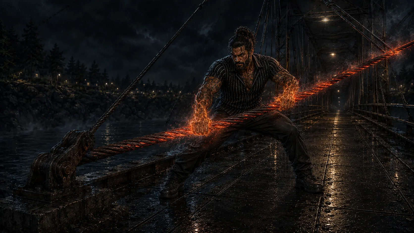 Nick lays his palms on the anchor cable. Fire runs the length of it and the steel goes cherry red without parting.