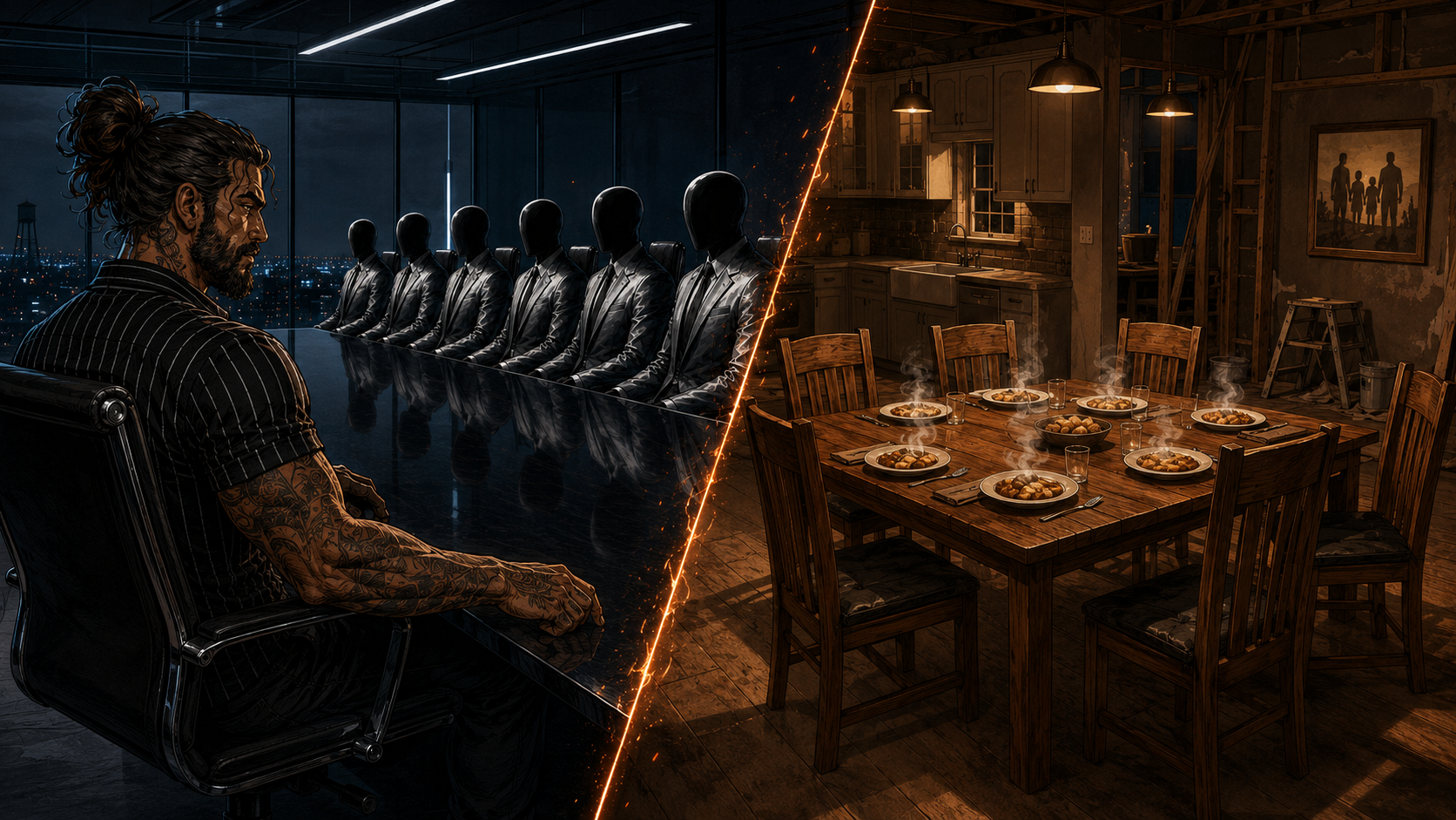 Split panel: the boardroom on one side, and on the other a warm kitchen with six chairs pulled out from a crowded table.