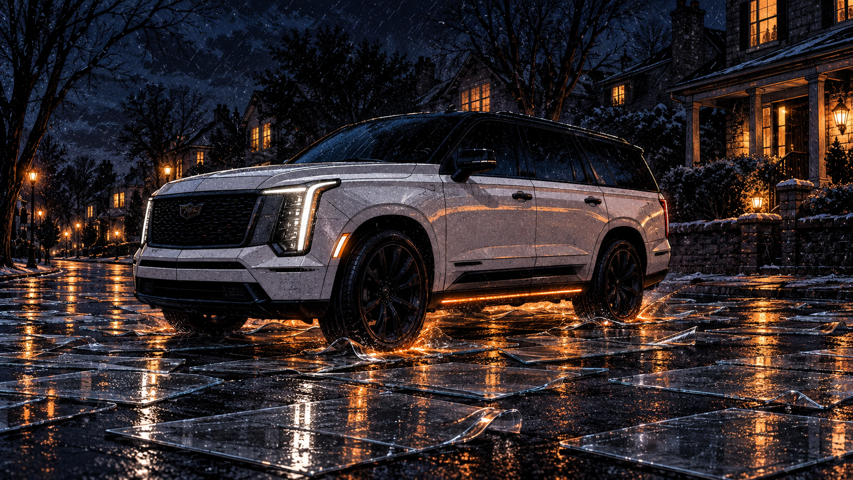 The Escalade moving slow down a glass-strewn street, ember light running the length of the running boards.