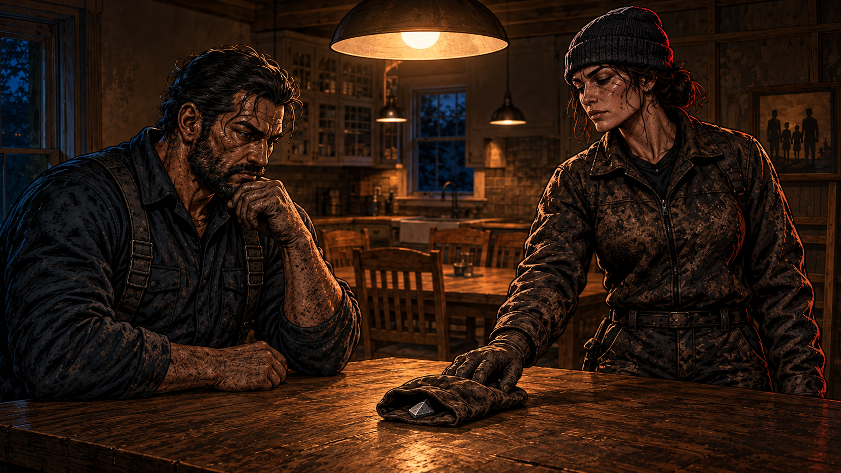 Shh drops a folded work glove on the kitchen table in front of Tiny. Inside it is a chip of dressed stone.