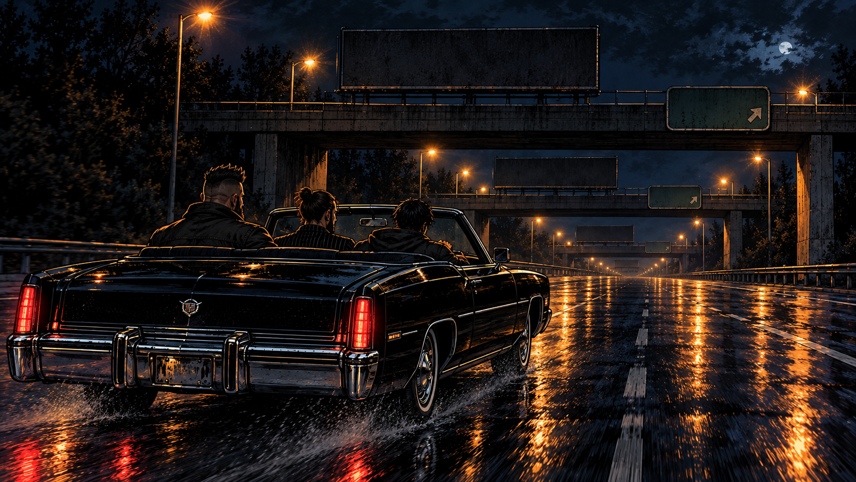 Empty four-lane at midnight. The same overpass, the same billboard, the same dead exit sign passing for the third time.