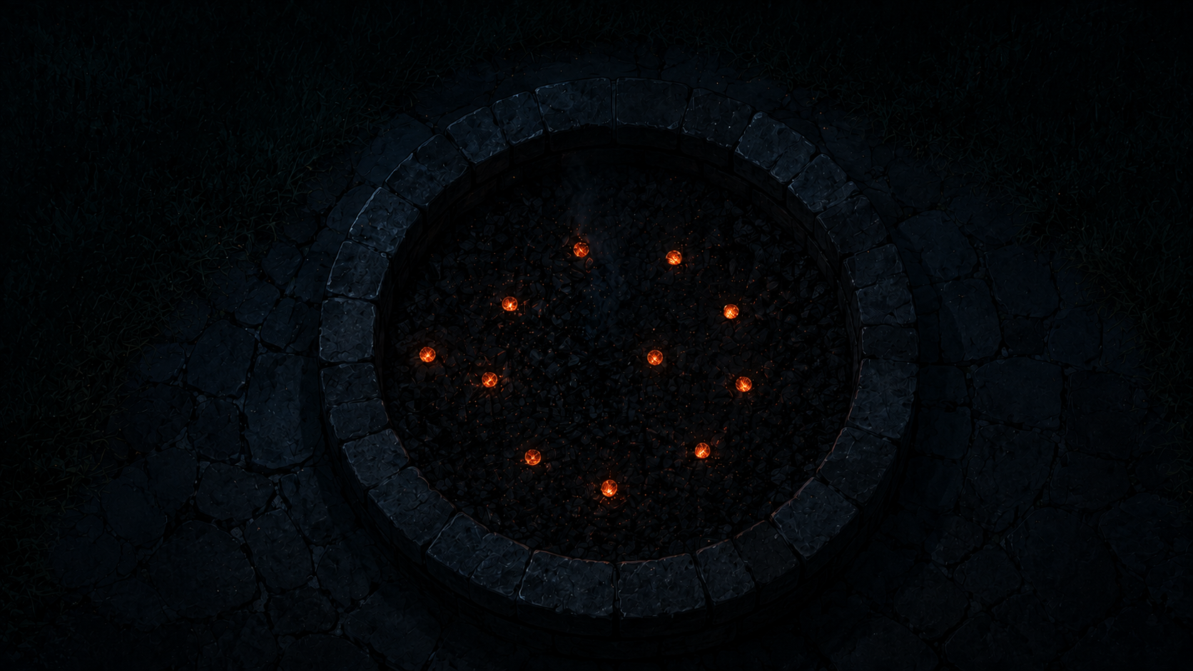 The backyard stone fire pit, low coals, seen from above. The embers arrange themselves briefly into eleven small points of light, then scatter.