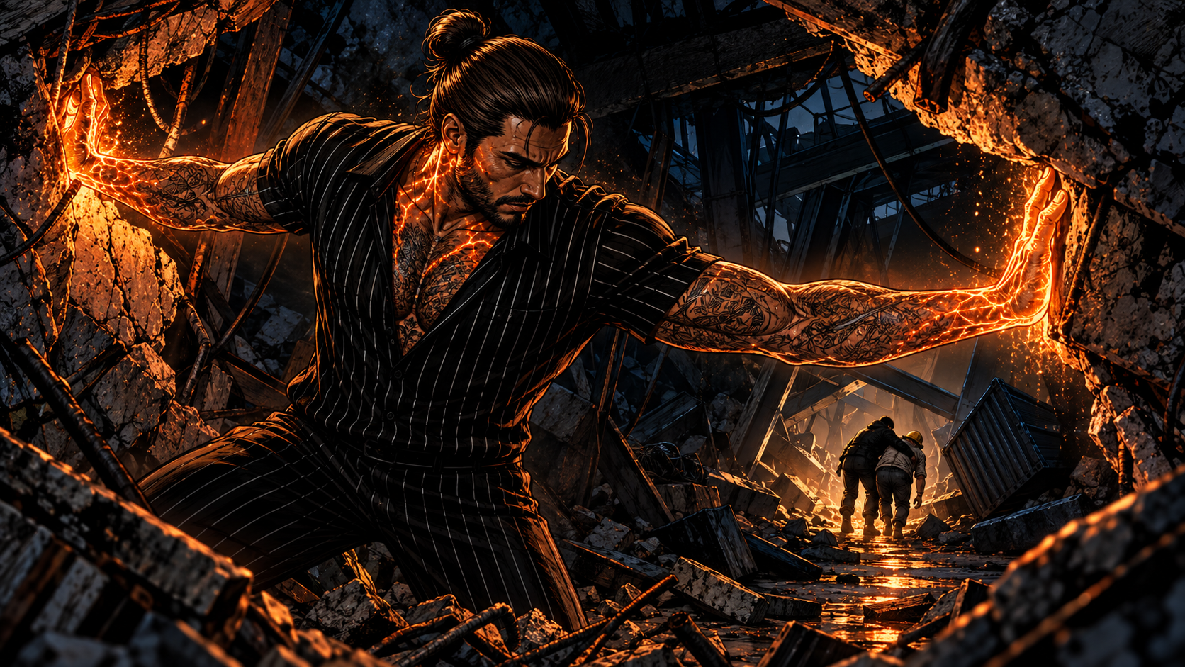 Nick at the gap with both arms braced, ember light flooding the dark, illuminating a path straight through the wreck.