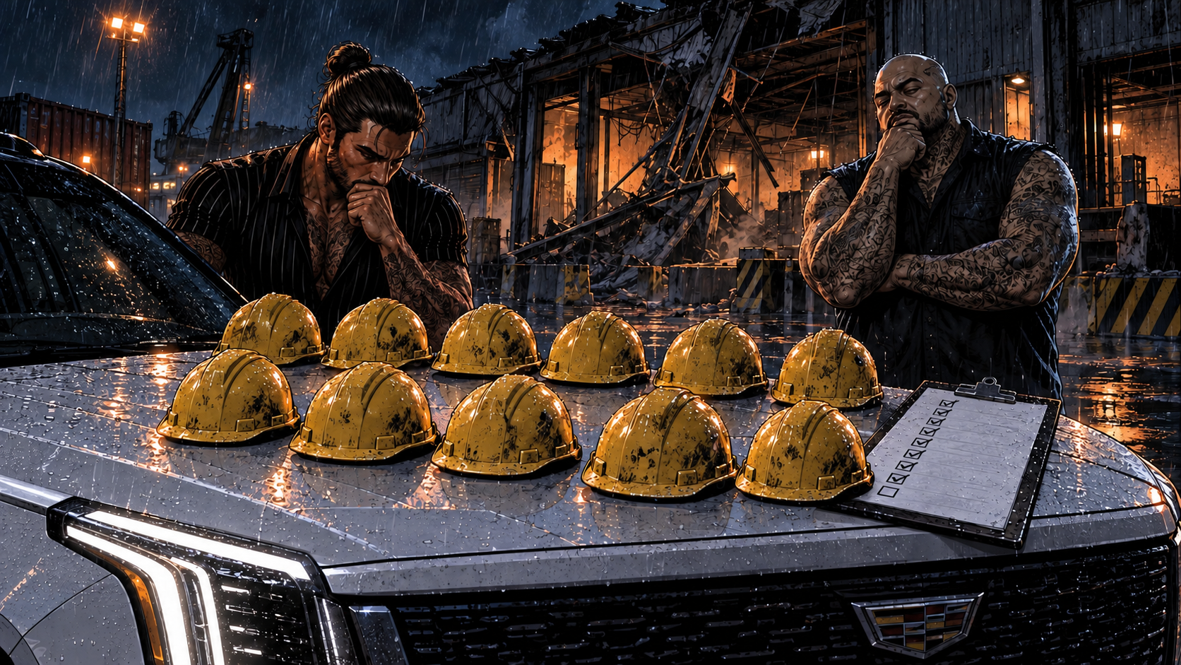 A collapsed loading dock at night, dust still settling, the crew counting hard hats against a list on the Escalade's hood