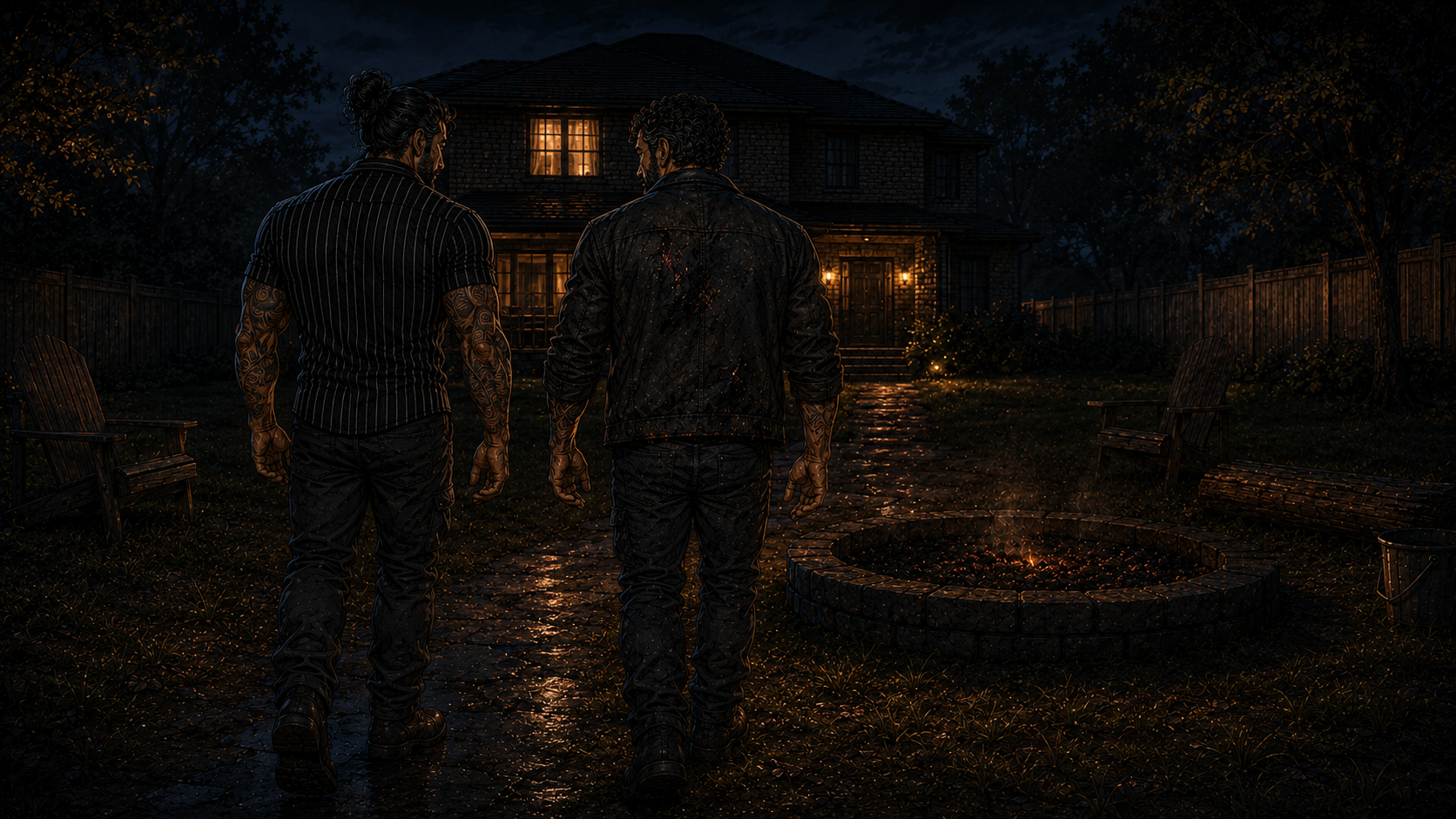 The brothers walking back toward the house, shoulder to shoulder, the pit banked low behind them.