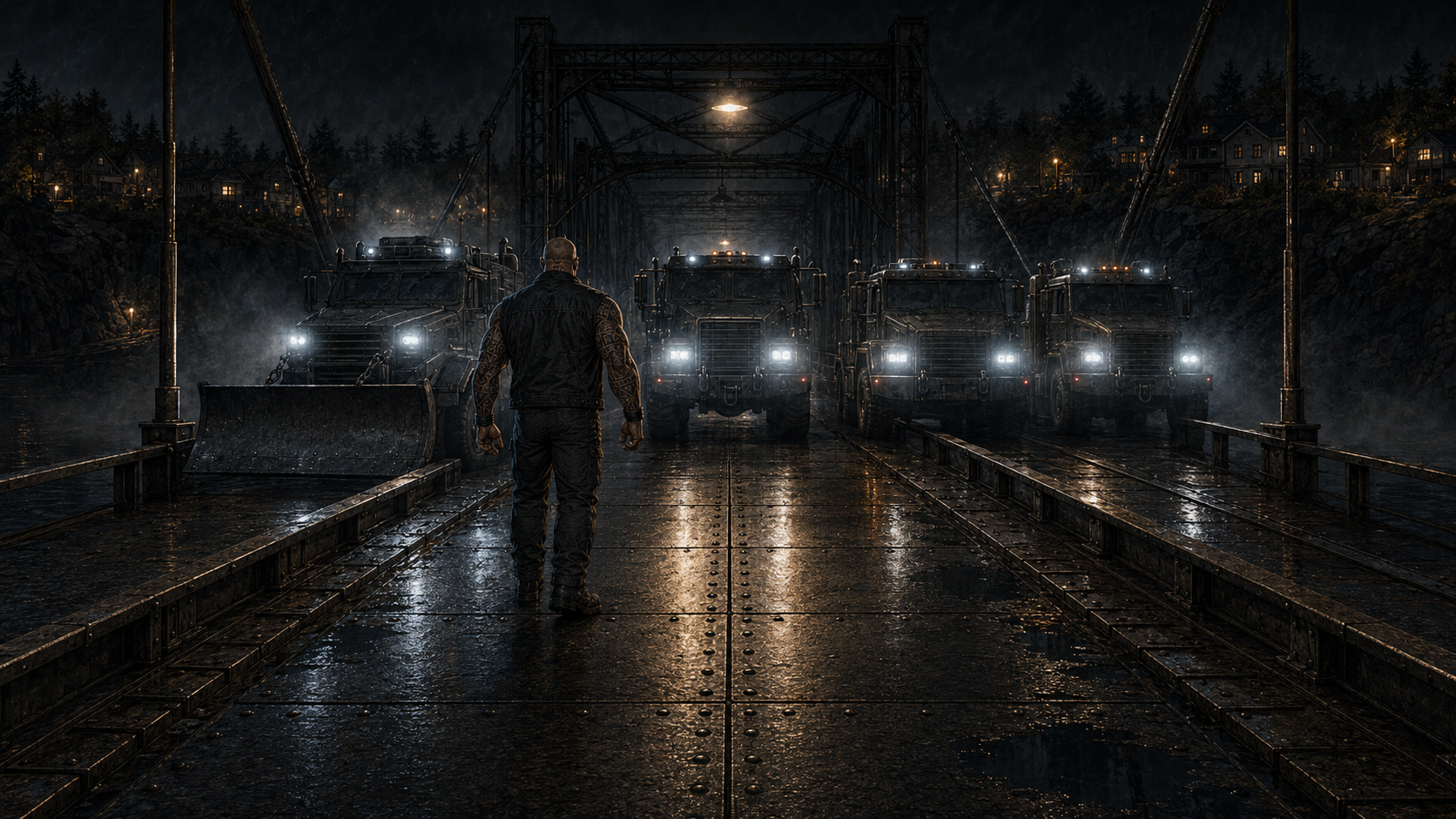 Vance walks into the headlights alone, bald head lit hard, tattooed arms loose at his sides, and stops in the center of the lane.