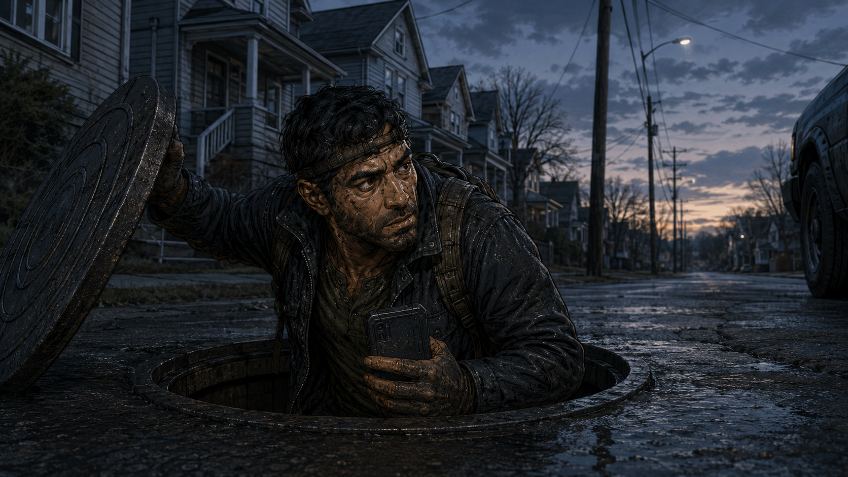 A manhole cover lifts in the middle of an empty street. Tiny climbs out filthy, headlamp dead, still holding the camera.