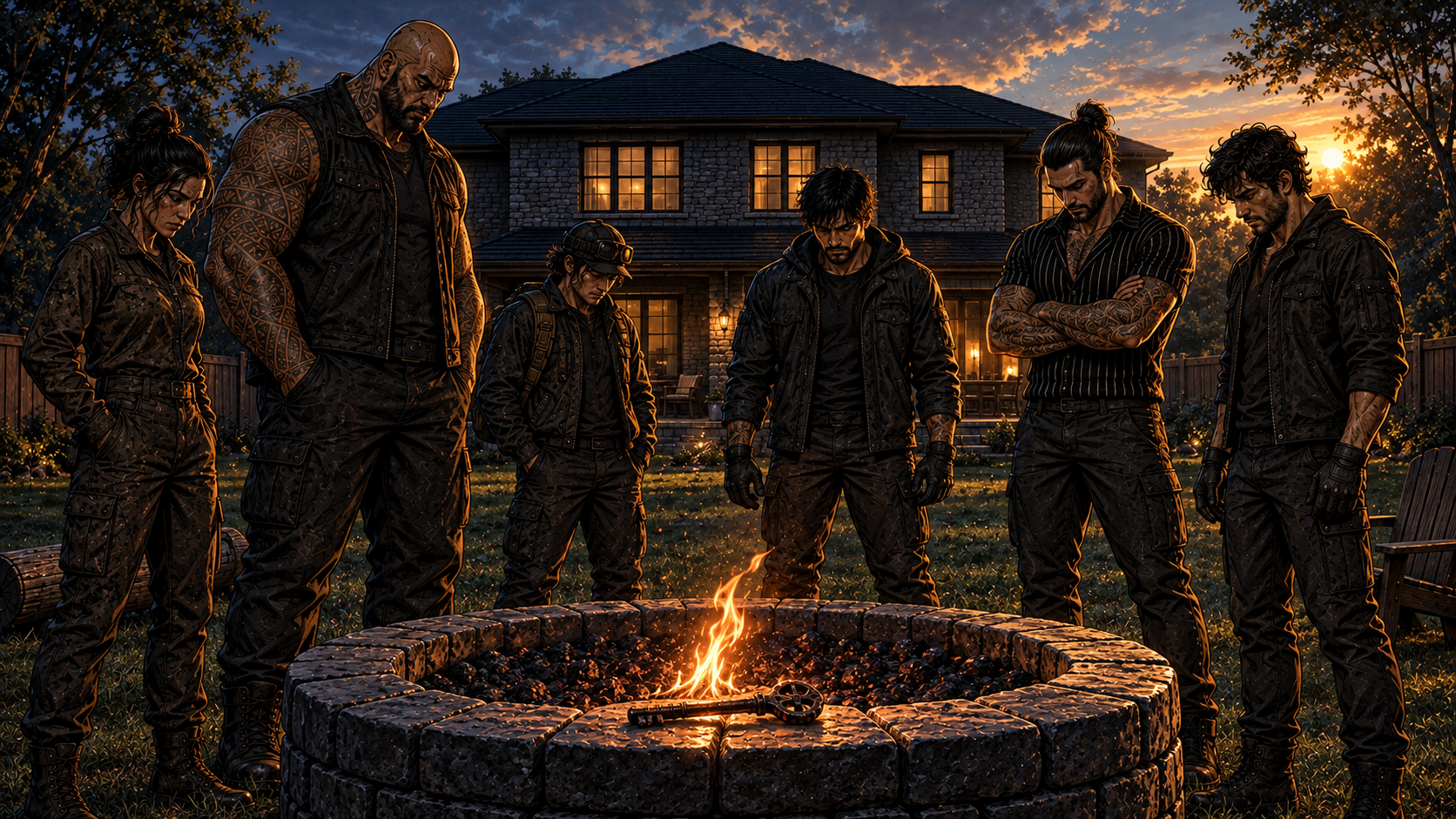 Dawn in the backyard. Six people around the rebuilt fire pit, the key laid across two stones, the flame leaning toward it.