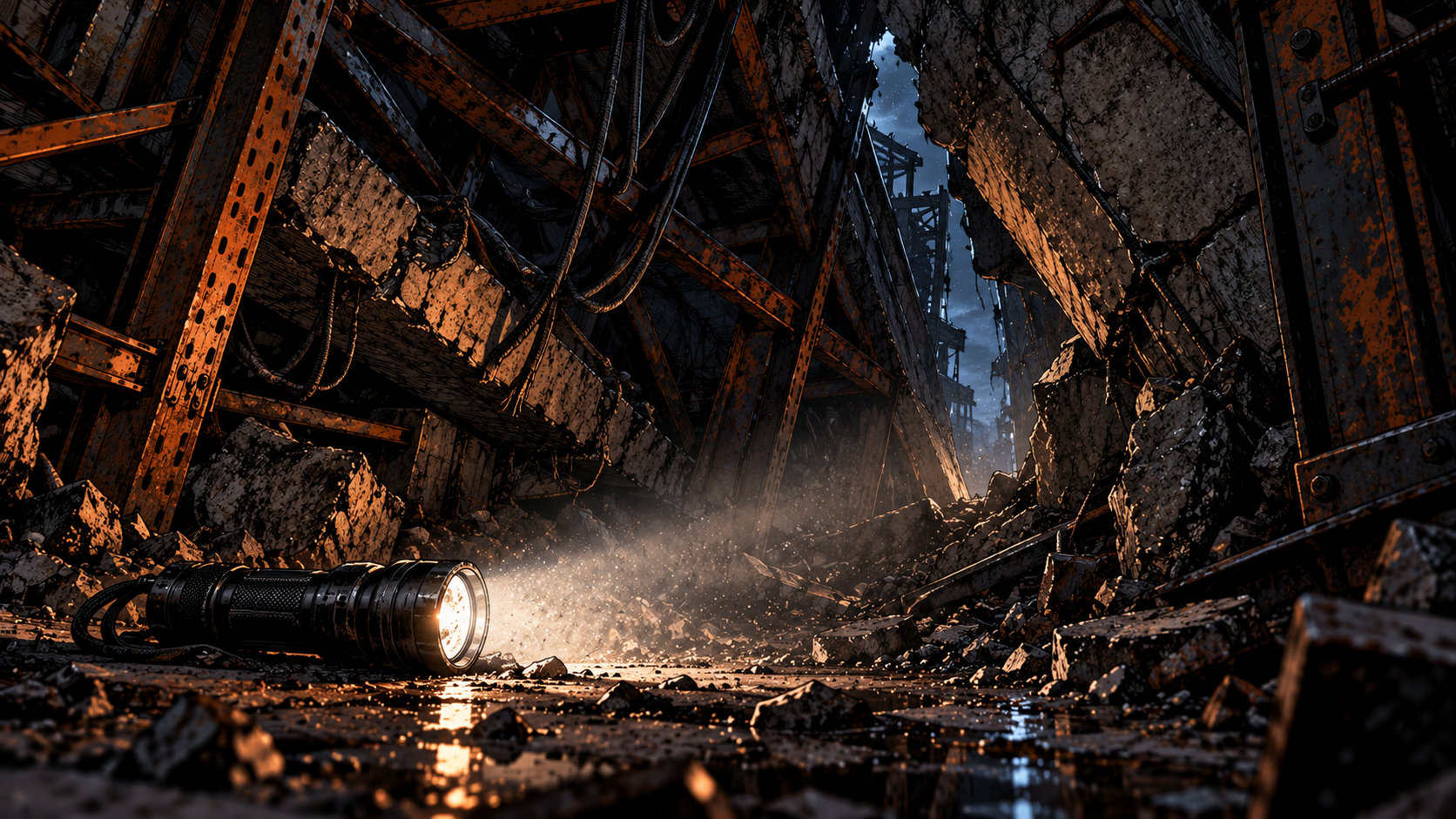 Tight interior: crushed racking, a slot of open air, dust in the beam of a dropped flashlight.