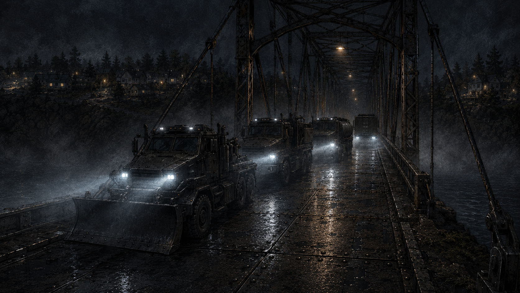 A convoy of unmarked trucks idling at the mouth of Quarry Bridge, headlights stacked in a cold white row.