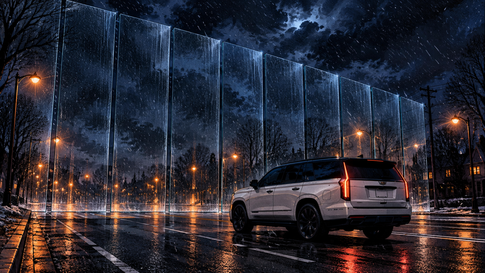 The storm thickens. Dozens of glass sheets rise off the road at once and form a wall across the boulevard.