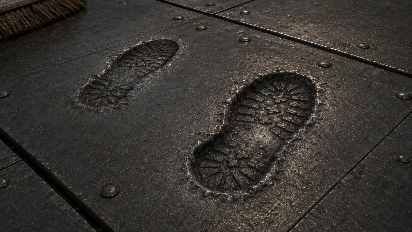 Close on the deck where Vance knelt: two boot prints pressed permanently into the steel plate.