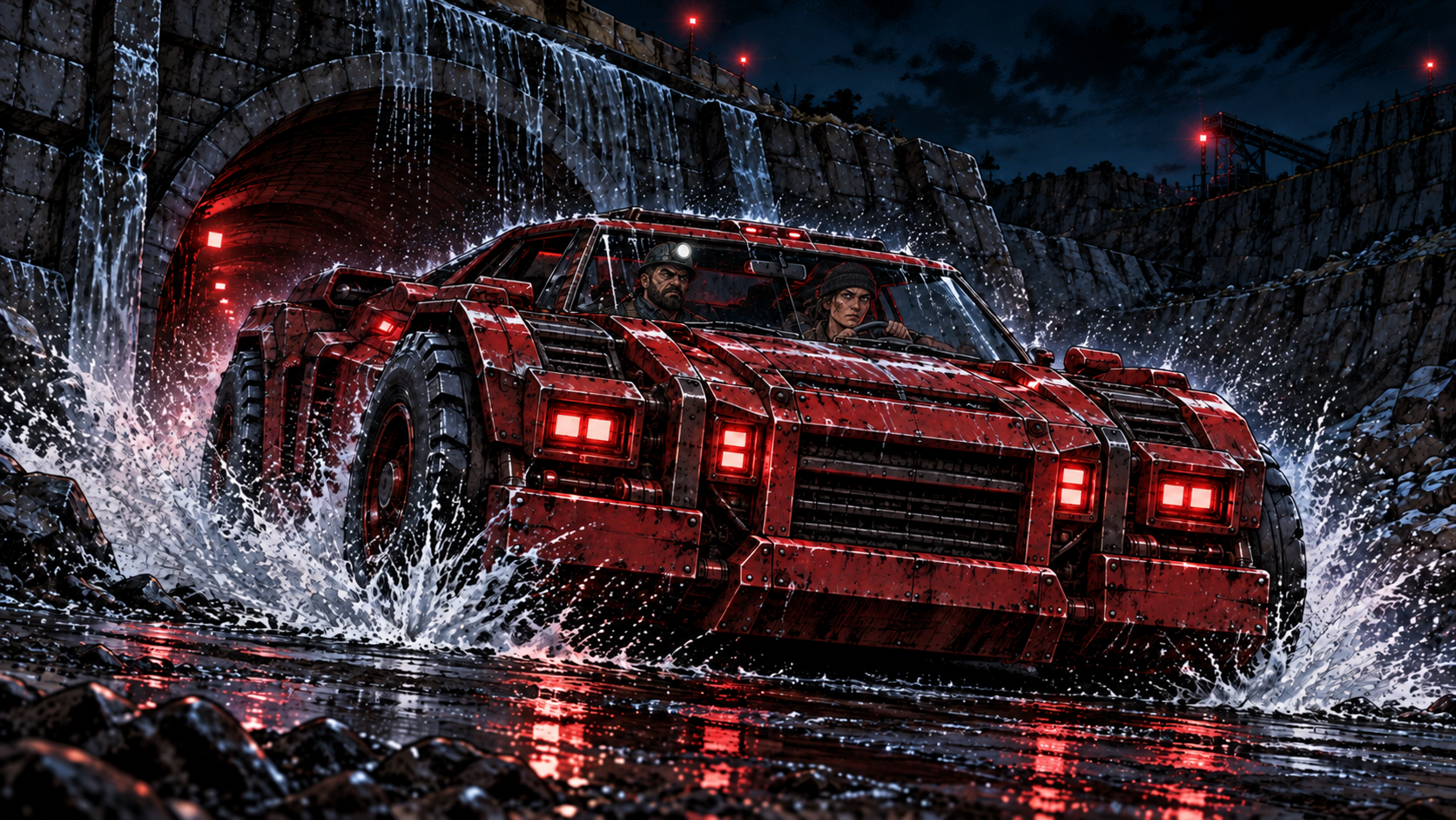 The Red Devil in sports-car form bursting out of a quarry culvert into open night, water sheeting off the hood.