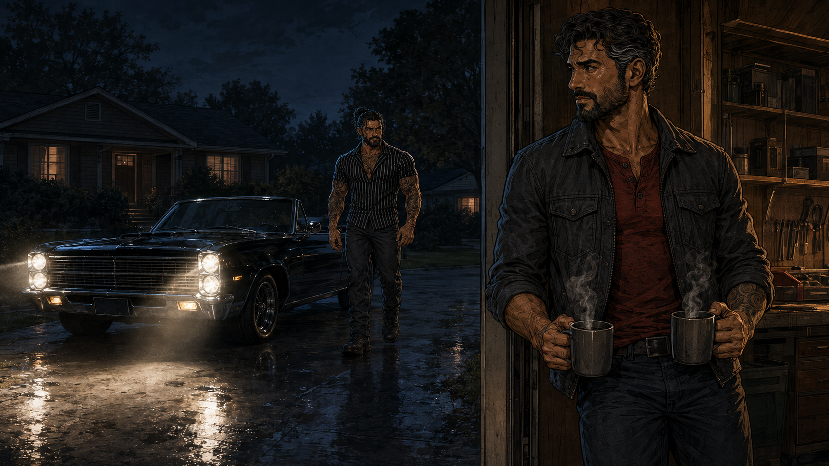 The driveway. Spark leans against the garage frame with two mugs, headlights washing over him.