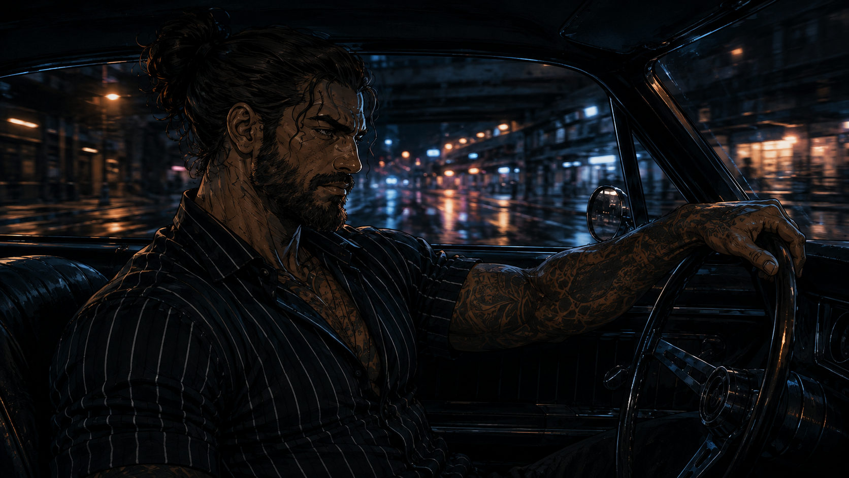 Interior of the Eldorado. Nick's face in dashboard light, one hand loose on the wheel, the county sliding past in blue and orange.