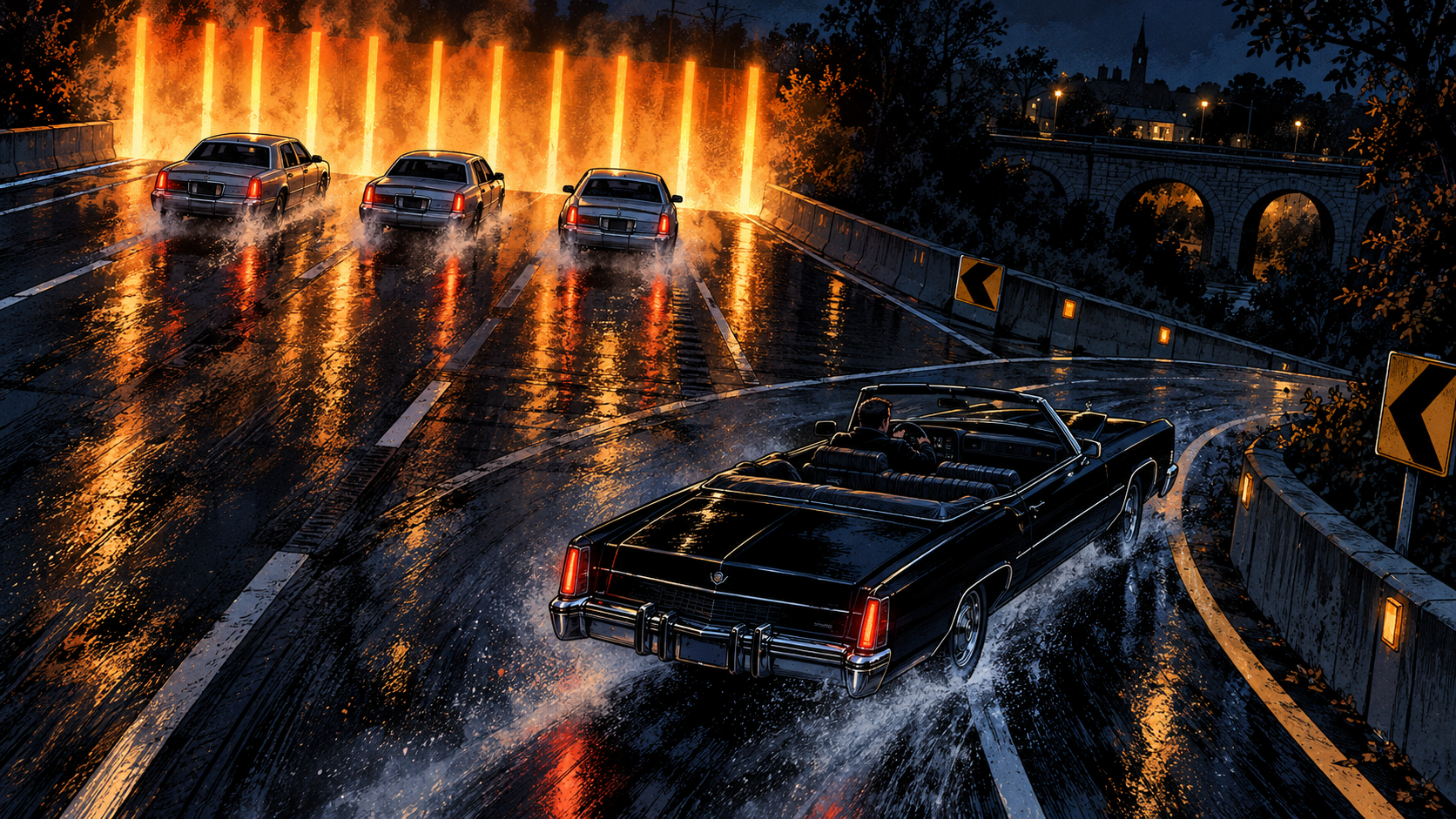 The Eldorado peels off at the last possible second. The three sedans overshoot into a wall of ember light rising off the asphalt behind it.