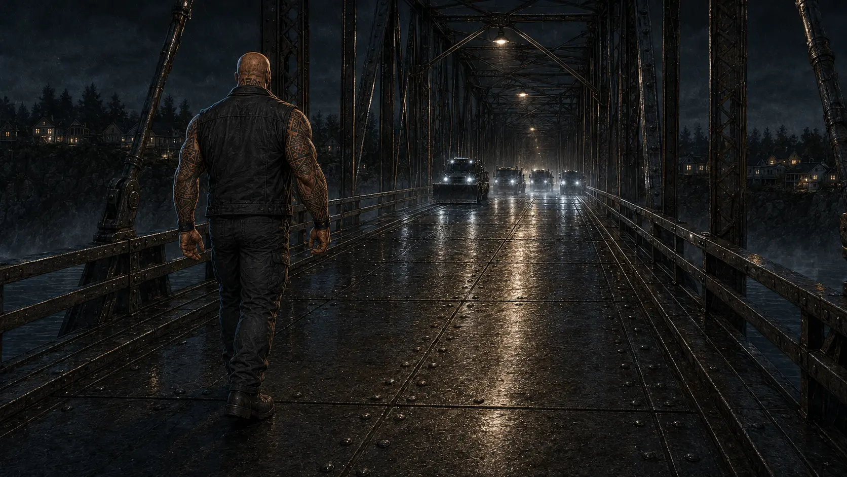 Vance walks alone down the center line of the span, boots on wet steel, arms loose.