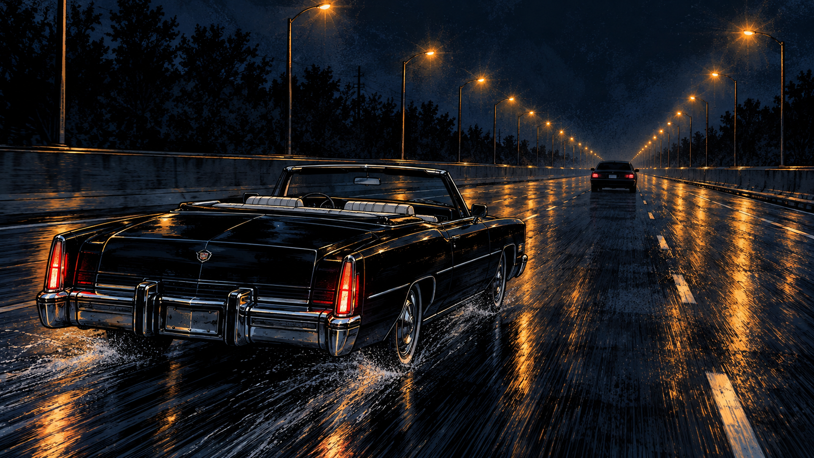 The courier car ahead has no plate, no driver visible, and does not throw a reflection in the Eldorado's headlights.