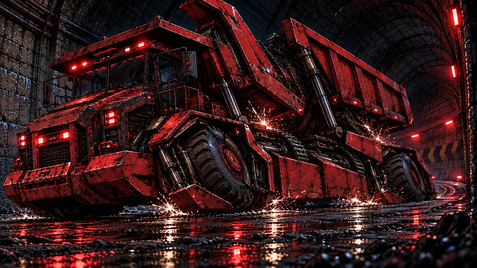 Stone plates grind shut behind them. The Red Devil begins its transformation mid-tunnel — plates rotating, chain drives hauling the chassis low, sparks falling from the seams.