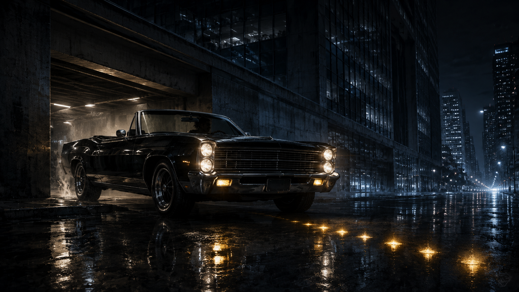 Wide cinematic panel: the black 1975 Eldorado pulling out of the tower garage, chrome throwing six small golden reflections down a wet street.