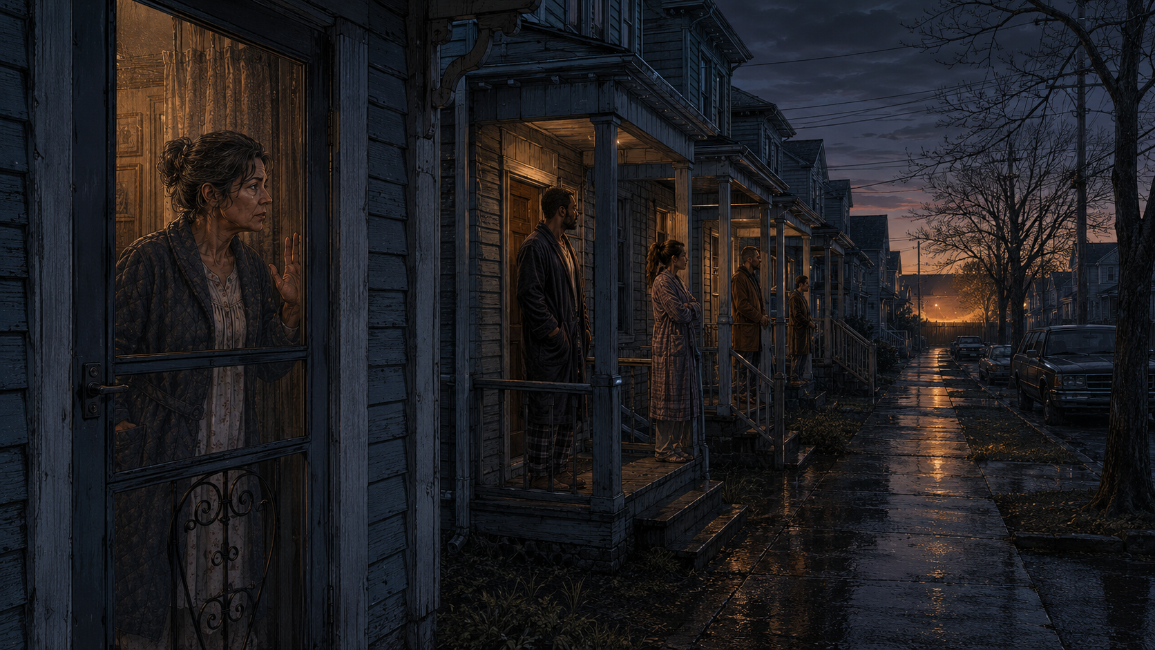 Porch lights up and down the block. Neighbors standing in doorways in coats over pajamas, all of them looking toward one backyard glow.