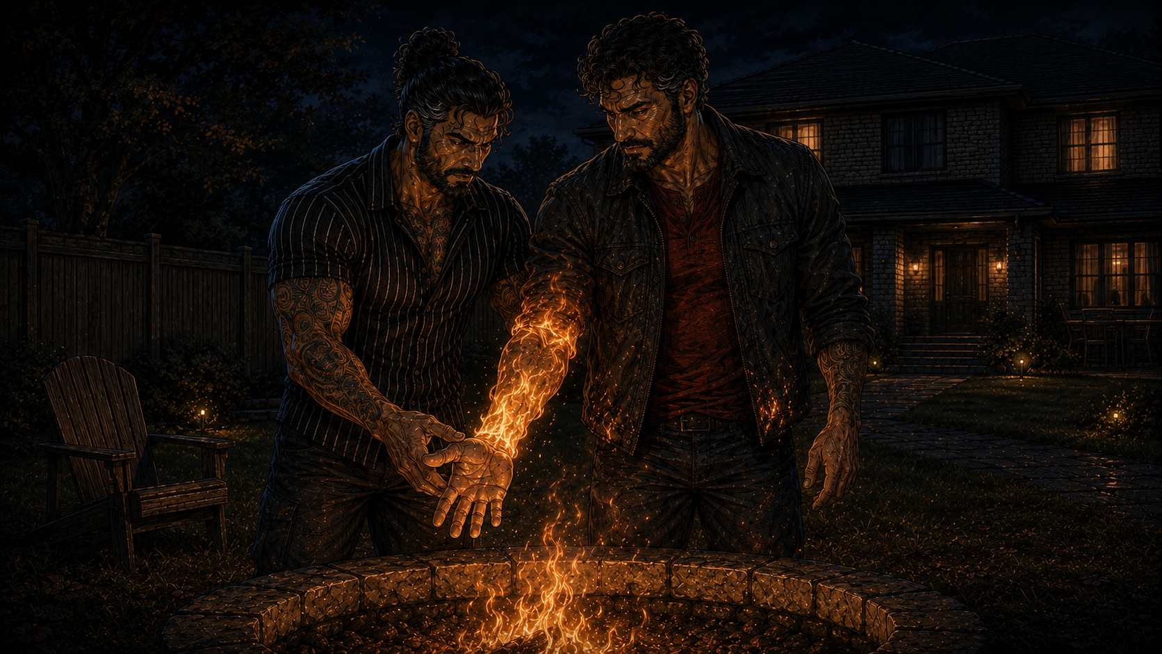 Nick guides Spark's hand to the pit. The fire climbs Spark's arm and then stops dead at his elbow, held.