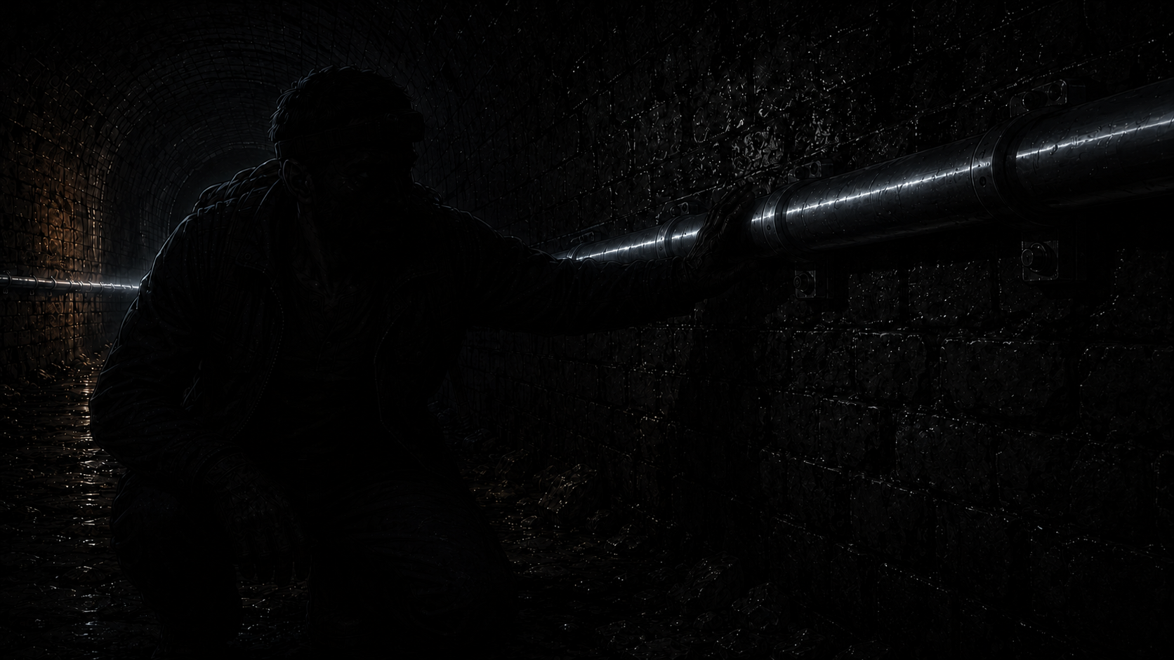 The lamp dies. Total black except a faint silver shimmer along the pipe, moving away down the tunnel like something taking a reading.